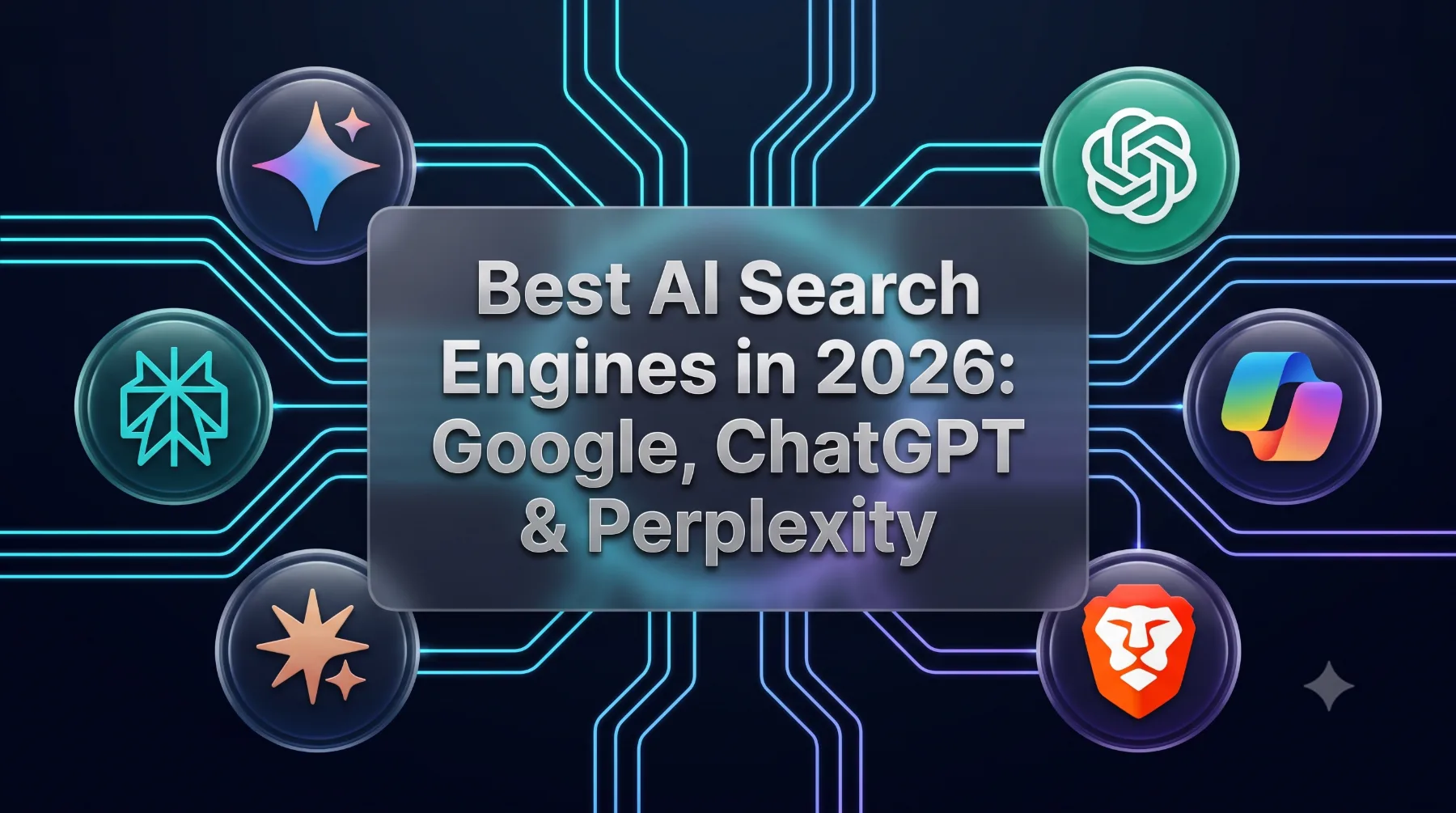A comparison banner showcasing the best AI search engines in 2026, featuring Google, ChatGPT, and Perplexity.