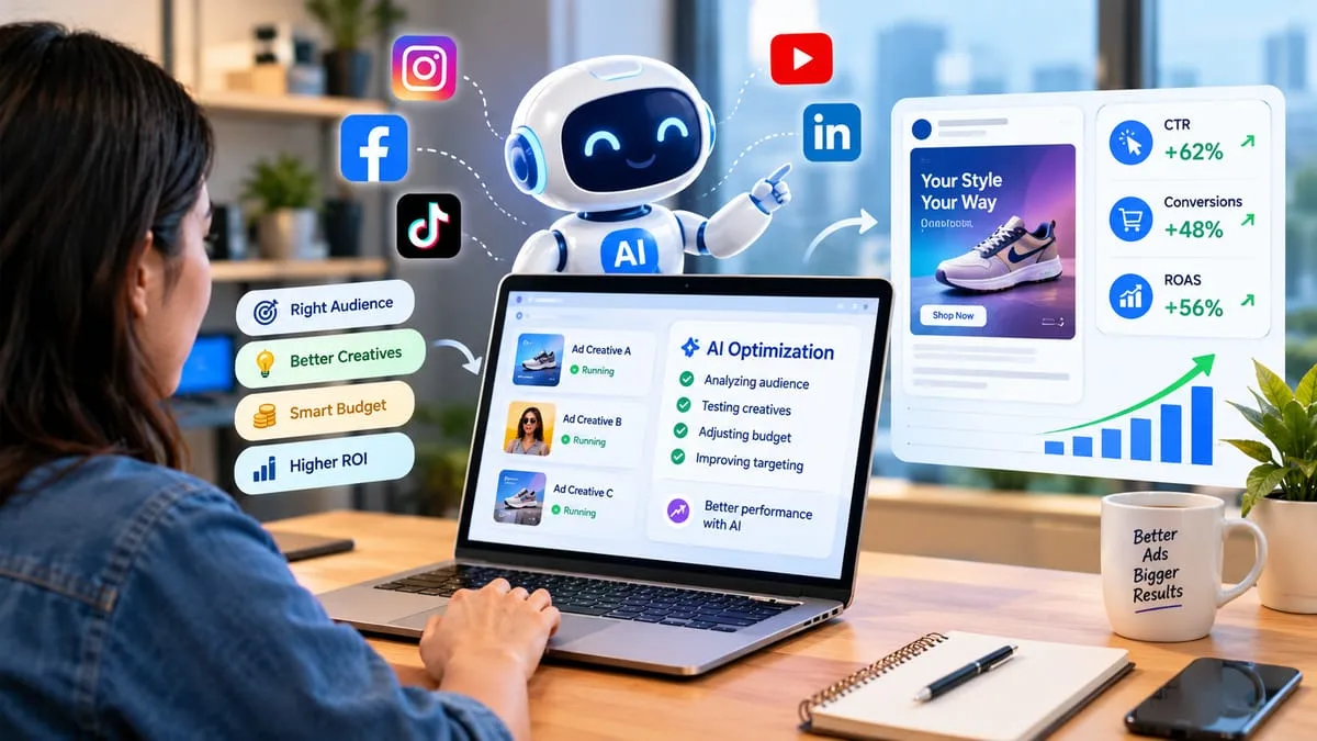 AI optimizing social media ad campaigns with audience targeting, creative testing, budget optimization, and performance analytics