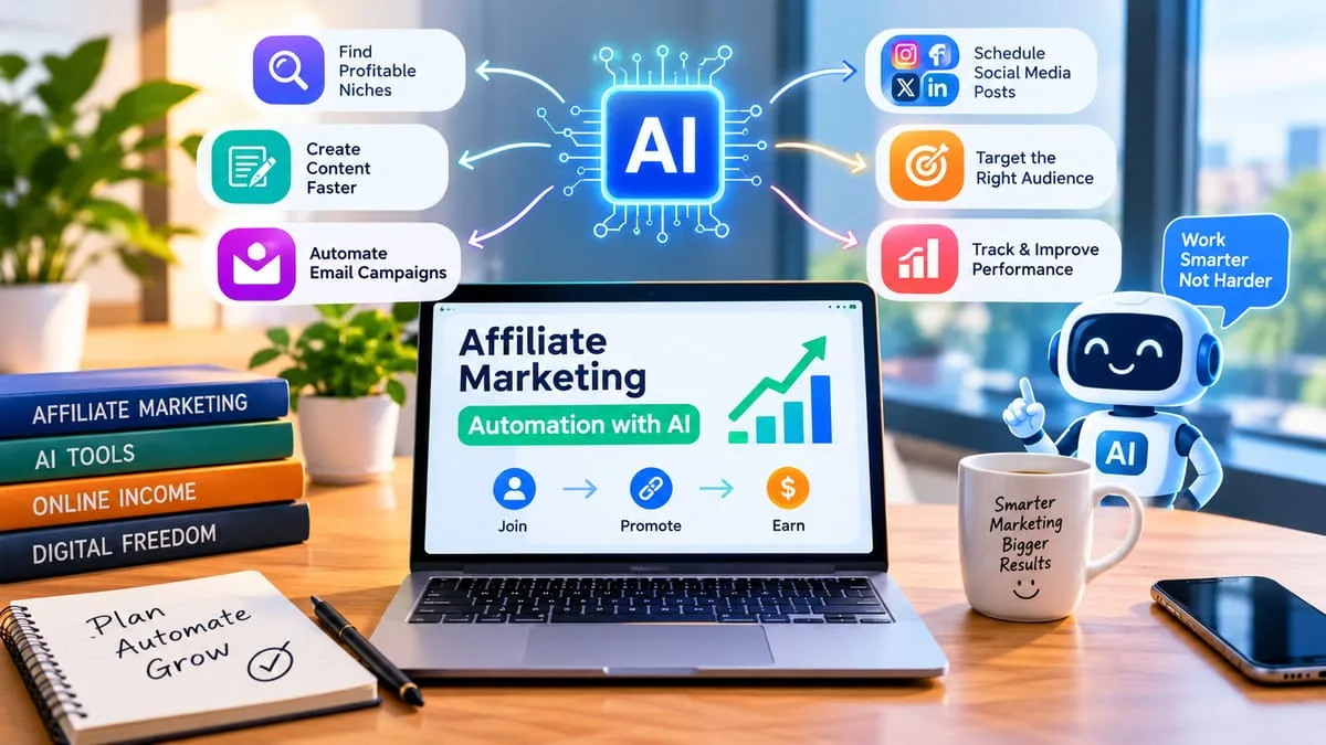 Affiliate marketing automation with AI showing automated content creation, email campaigns, social media scheduling, audience targeting, and performance tracking