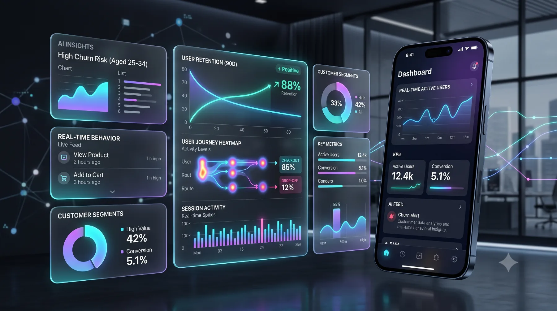 AI customer data analytics and real-time behavioral insights dashboard interface