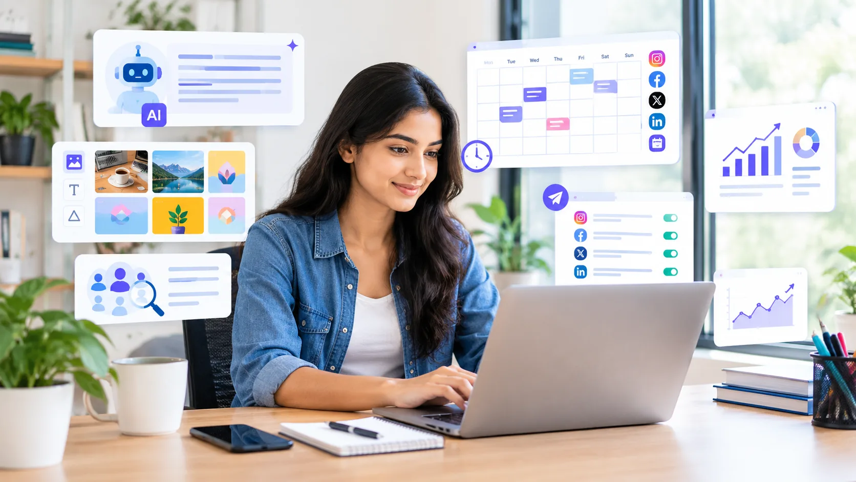 A business professional using AI tools for social media content creation, post scheduling, and performance tracking.