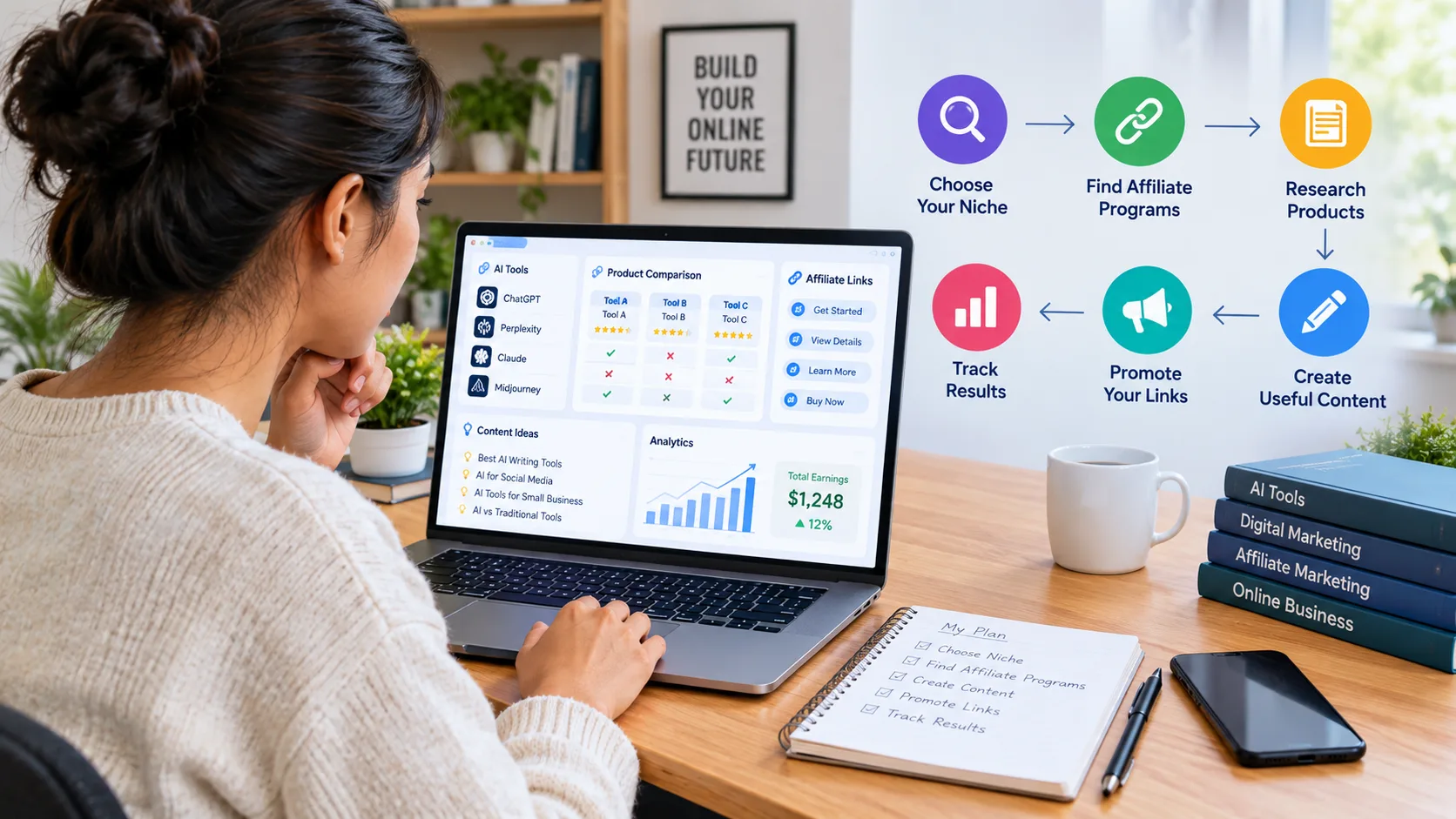 Beginner building an AI affiliate marketing business using a laptop