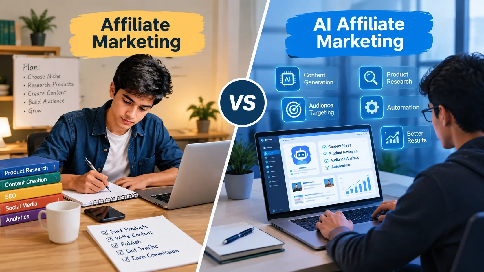 Affiliate marketing and AI affiliate marketing compared by content creation, product research, audience targeting and automation.