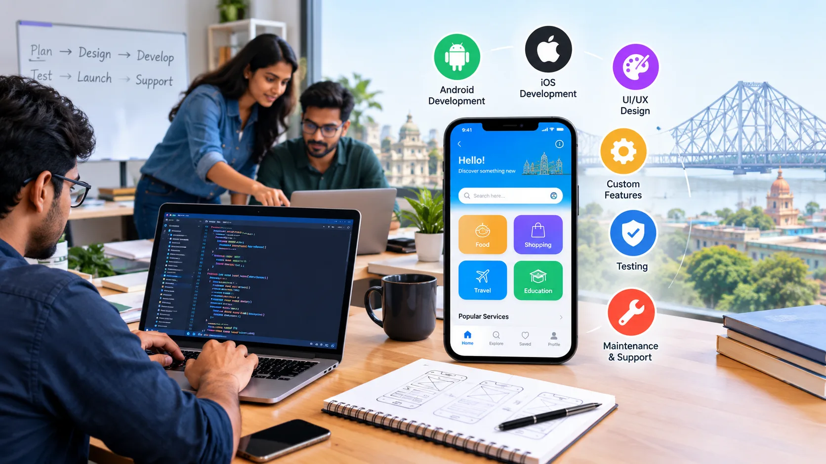 Mobile app development team in Kolkata working on Android, iOS, UI/UX, testing, and custom app solutions.
