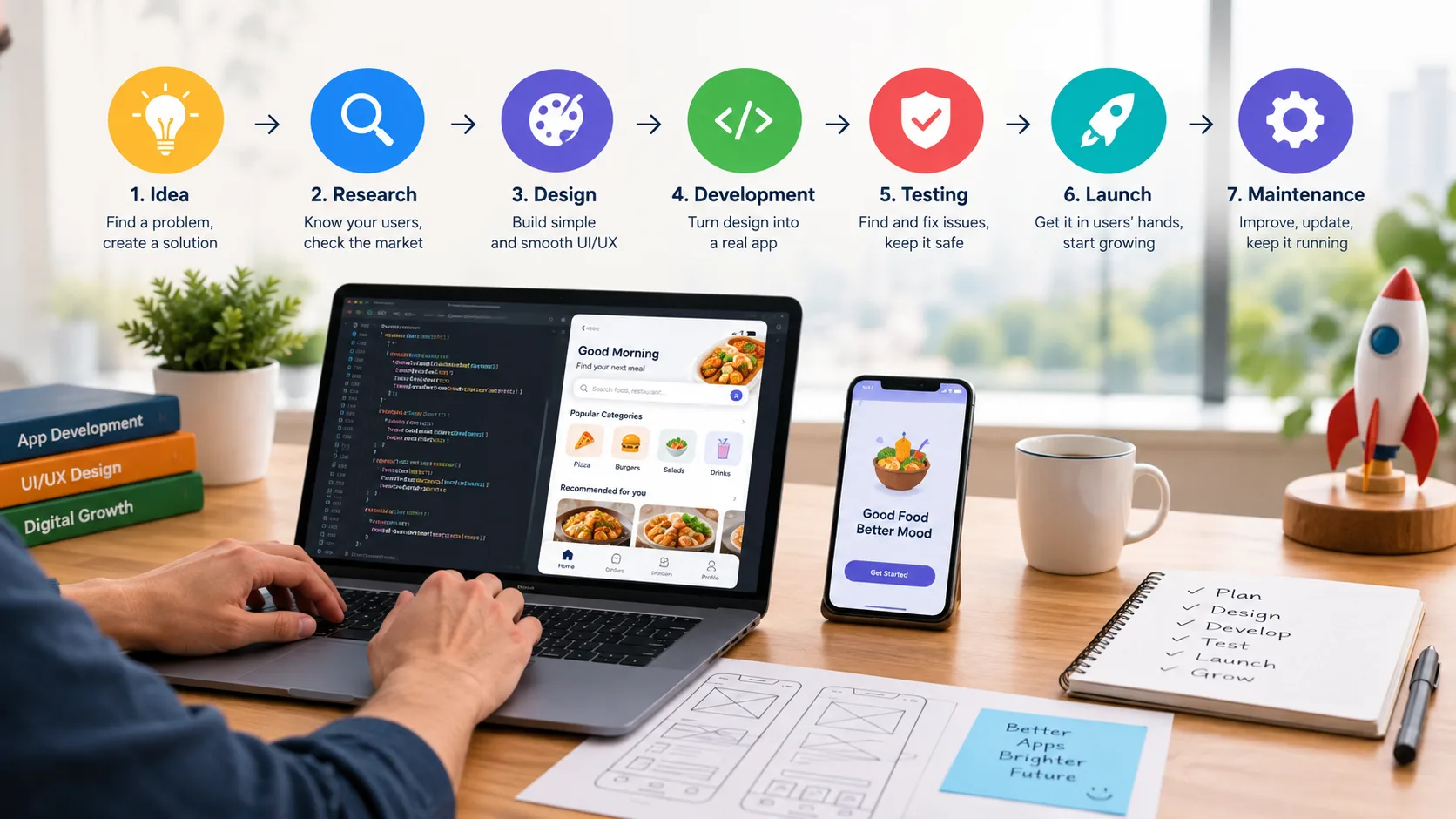 App development process from idea, research and UI/UX design to development, testing, launch and maintenance