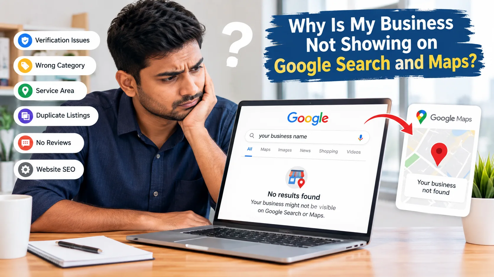 Business owner checking why his business is not showing on Google Search and Google Maps