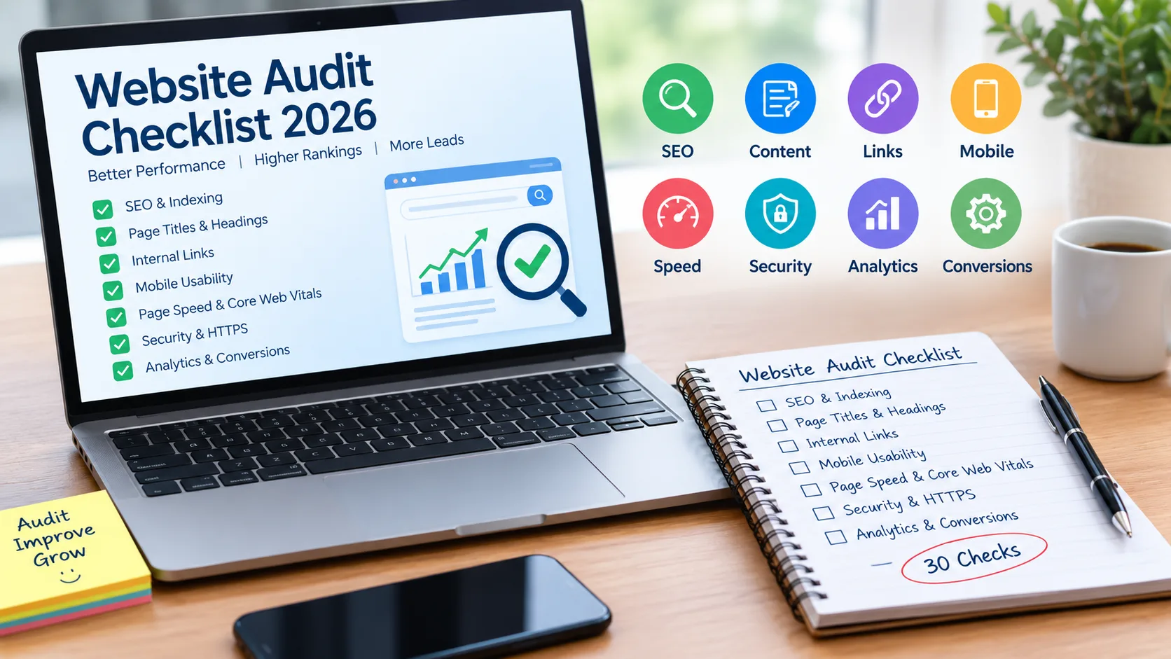 Website Audit Checklist 2026 showing SEO, speed, mobile, security, analytics and conversion checks on a laptop