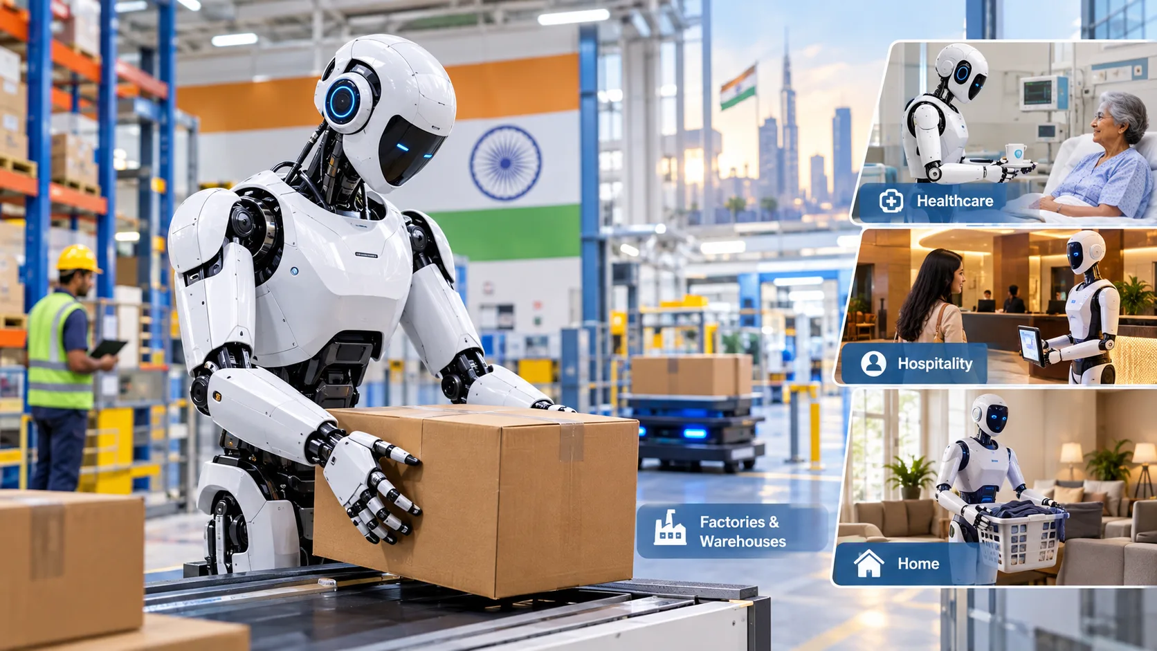 Humanoid robots in India working with AI in a modern factory