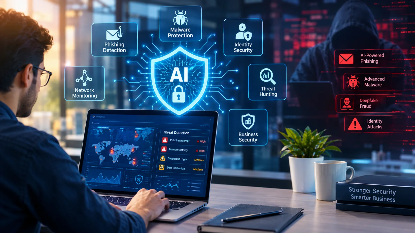 AI cybersecurity system detecting phishing, malware, identity attacks and online threats