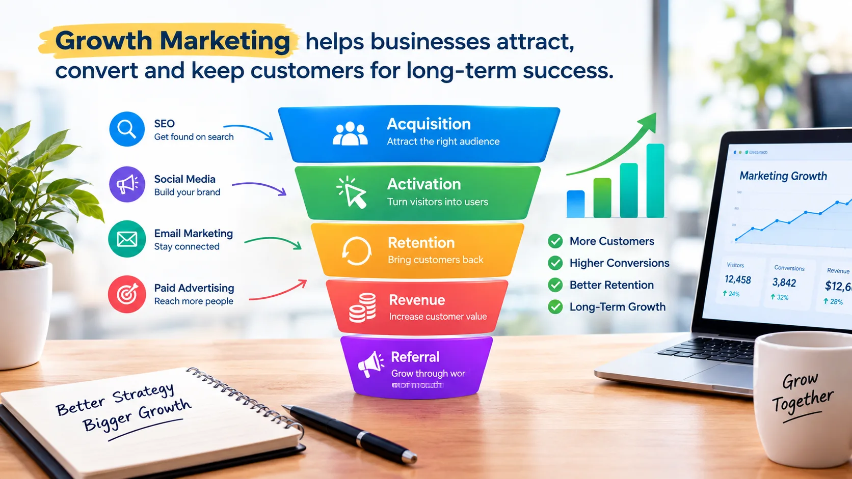 Growth marketing funnel showing customer acquisition, activation, retention, revenue and referral strategies