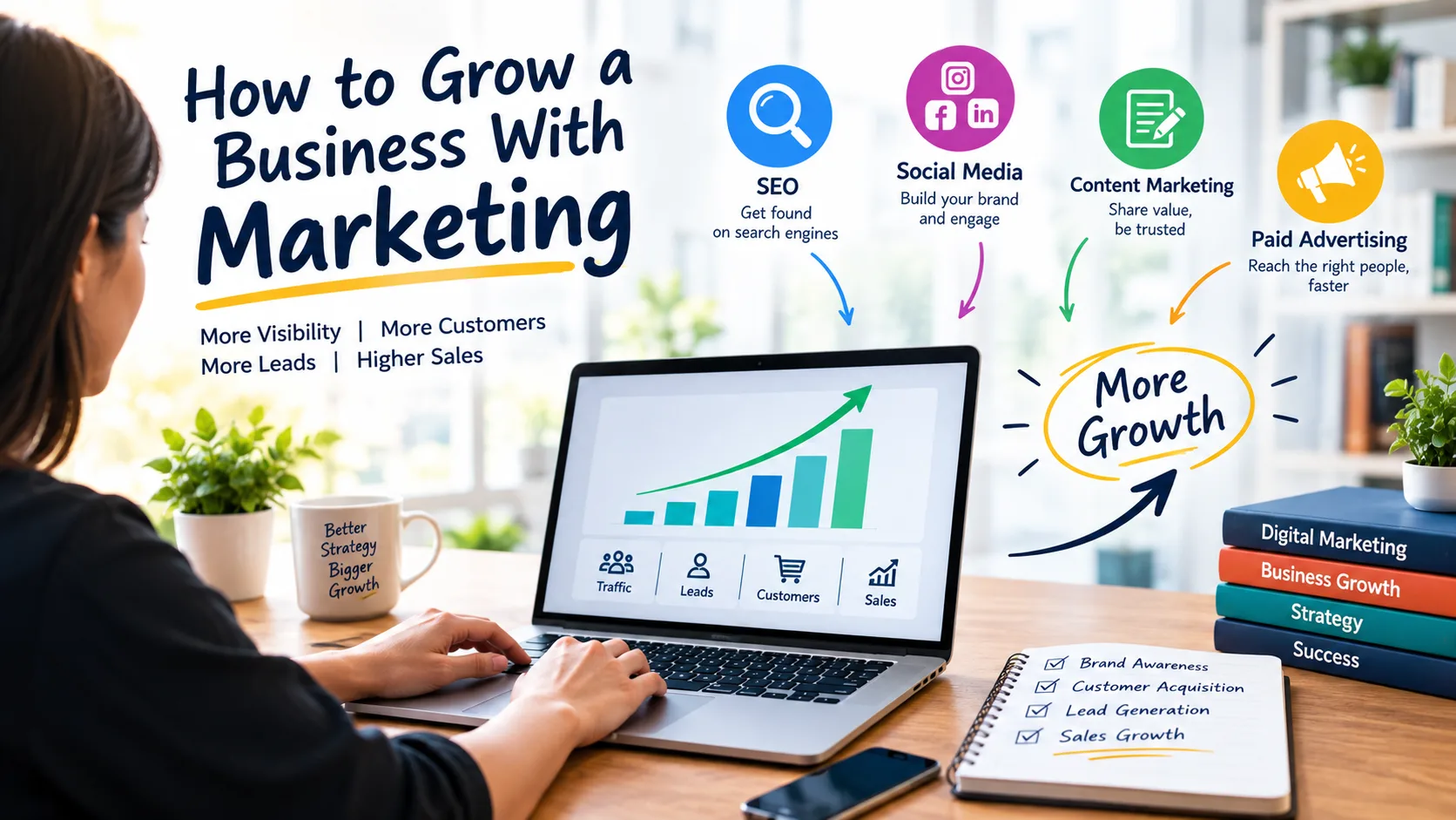 Business marketing strategy showing SEO, social media, content marketing, paid advertising, leads, customers, and sales growth.
