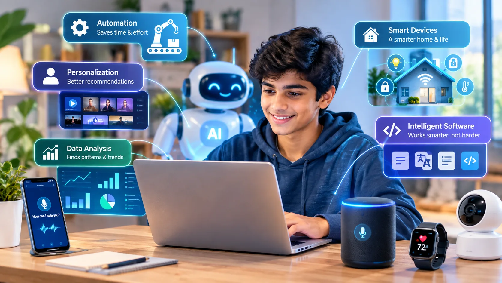 AI making technology smarter through automation, personalization, data analysis, smart devices, and intelligent software.