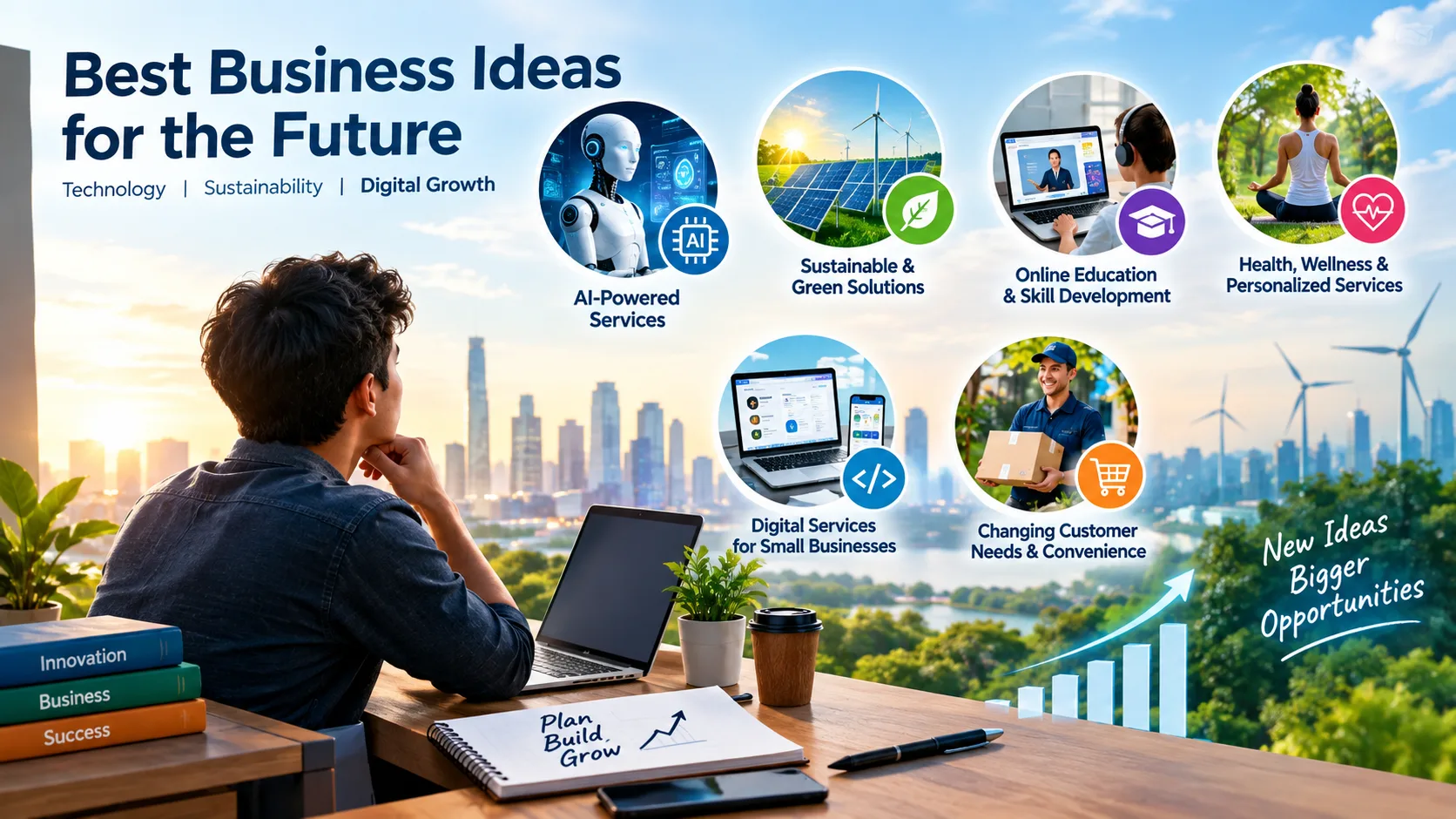 Best Business Ideas for the Future with AI, sustainable solutions, online education, wellness, and digital services