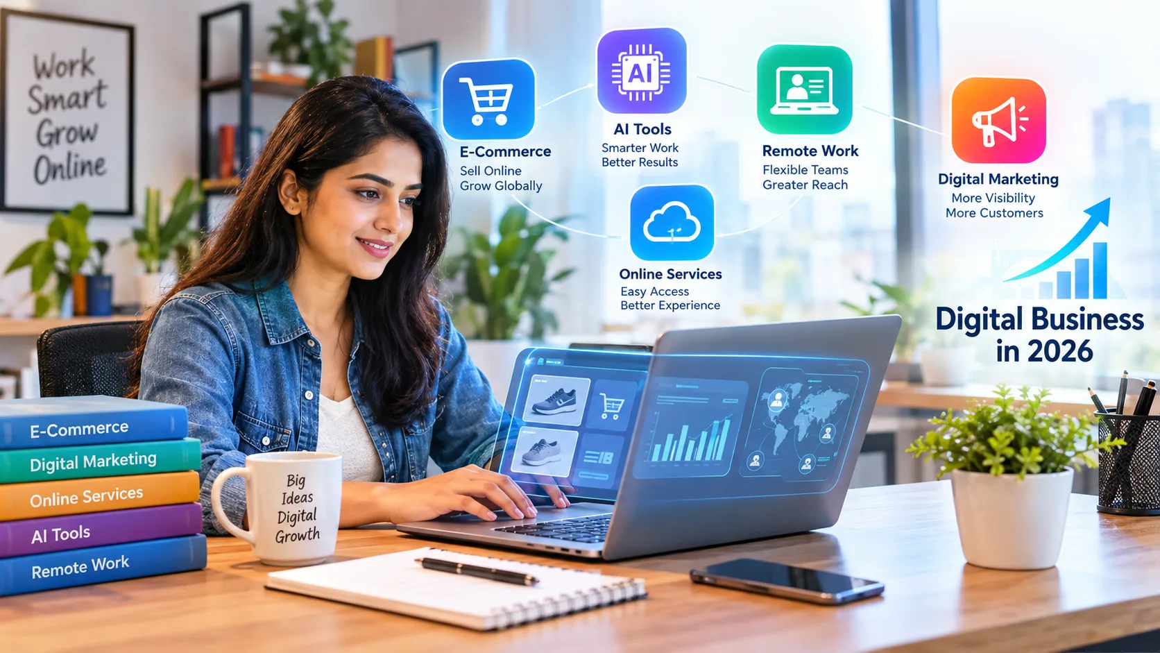 Digital business growth in 2026 with AI, e-commerce, remote work, online services, and digital marketing.