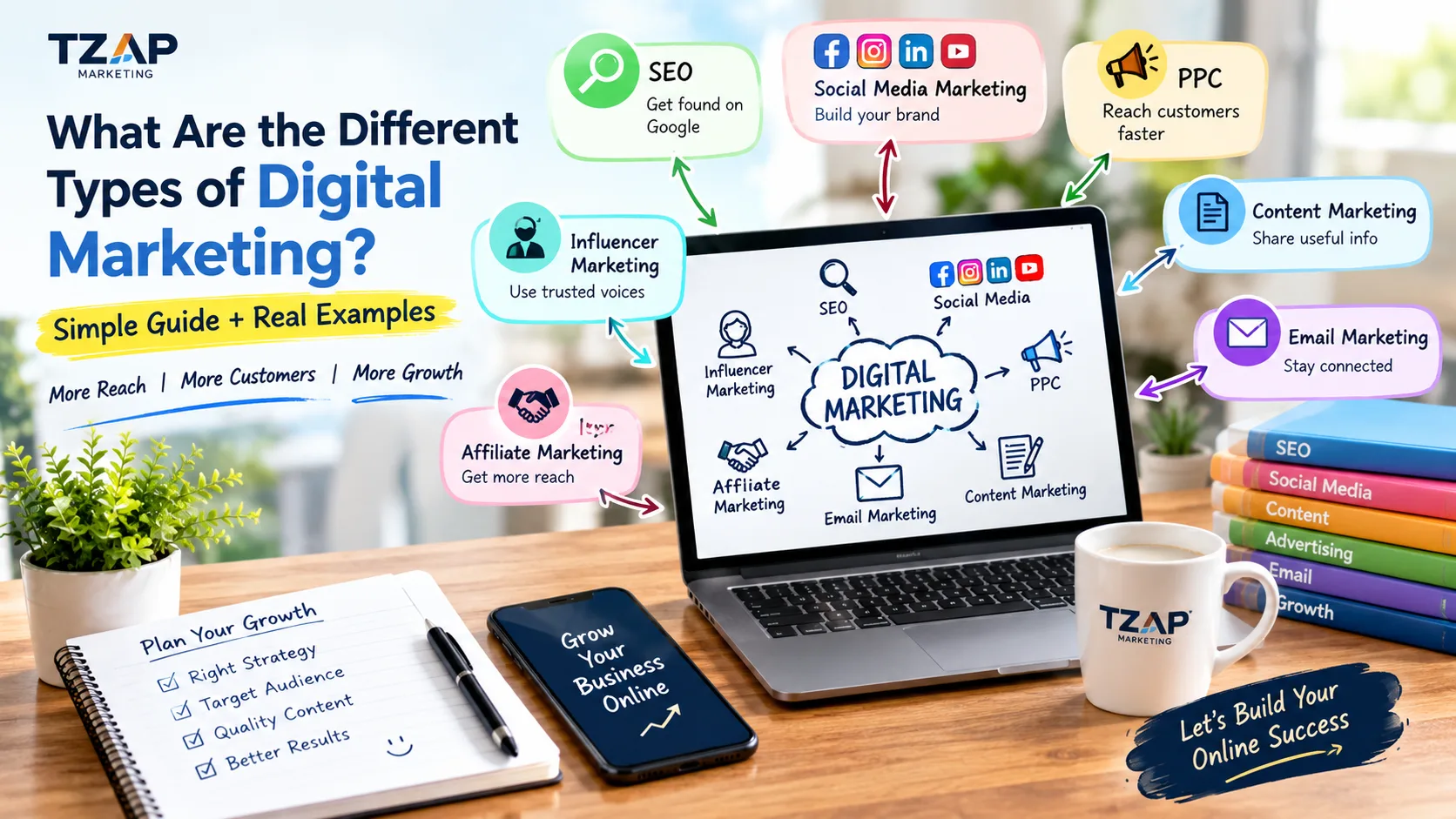 Digital Marketing Guide 2026 showing SEO, social media, paid ads, email marketing, and website growth strategies