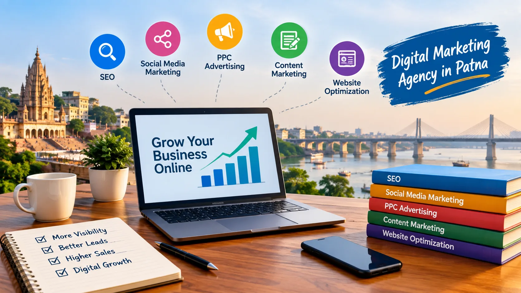 Digital marketing workspace showing SEO, social media, PPC, content marketing, and website optimization in Patna