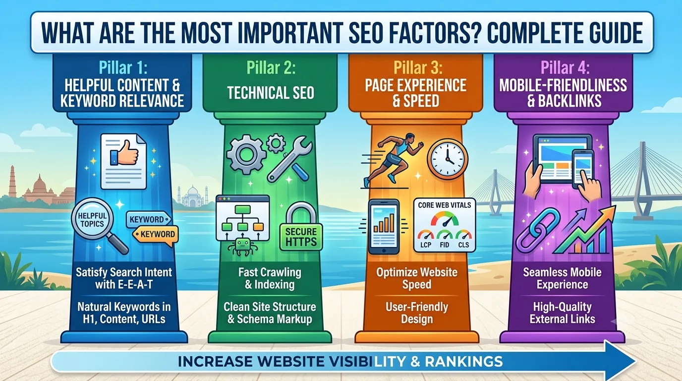 Infographic showing what are the most important SEO factors including helpful content, technical SEO, page speed, and backlinks