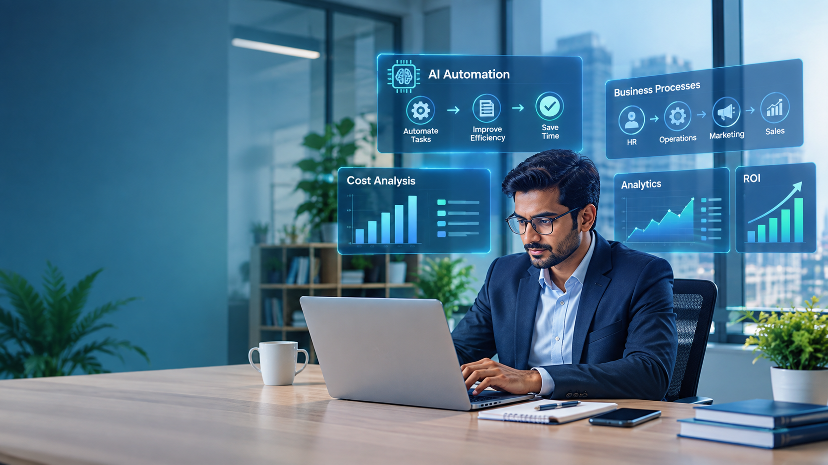AI automation for business processes, cost analysis, analytics and ROI