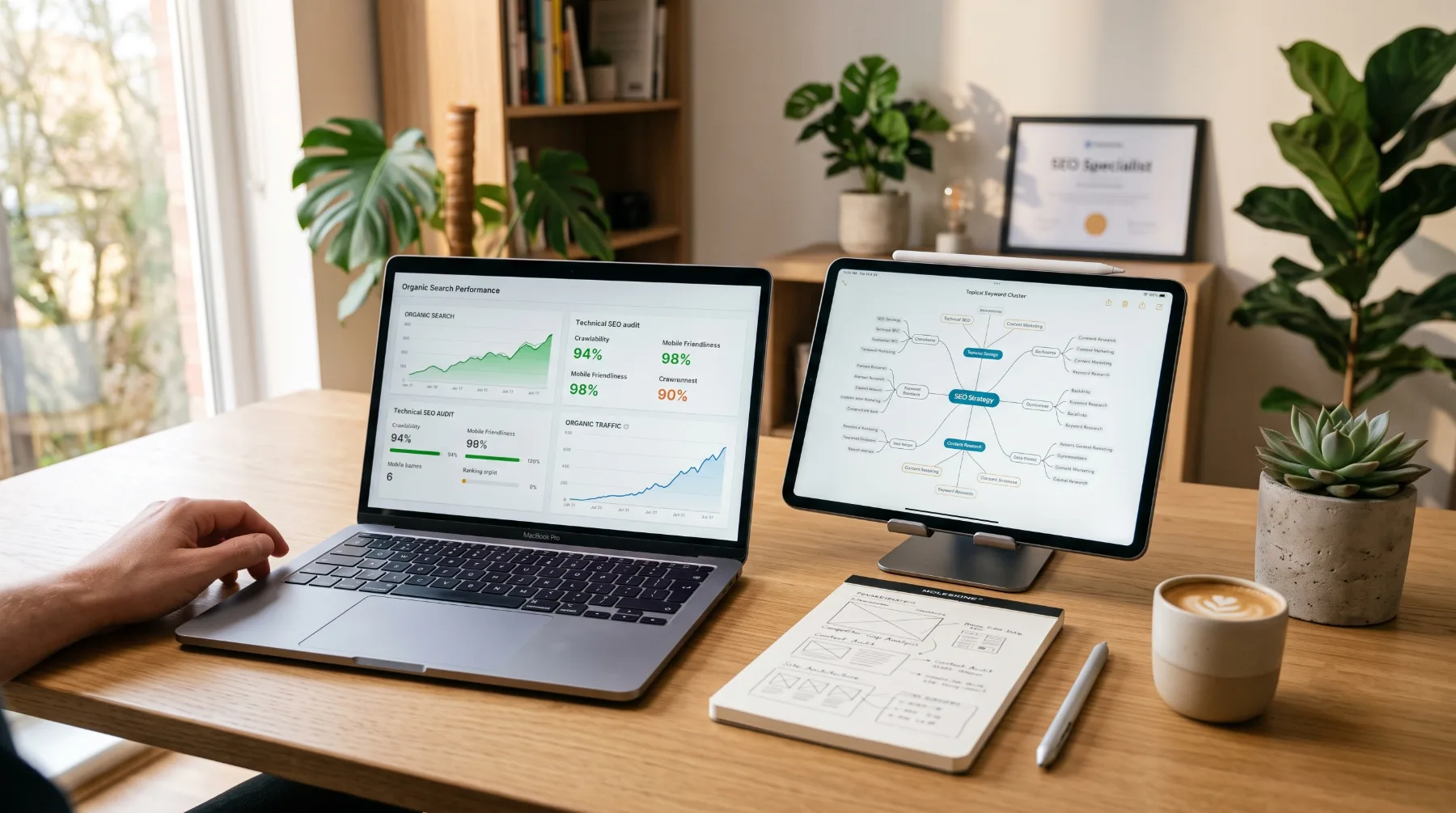 SEO guide 2026: how to rank higher on Google process workflow on a specialist workspace desk