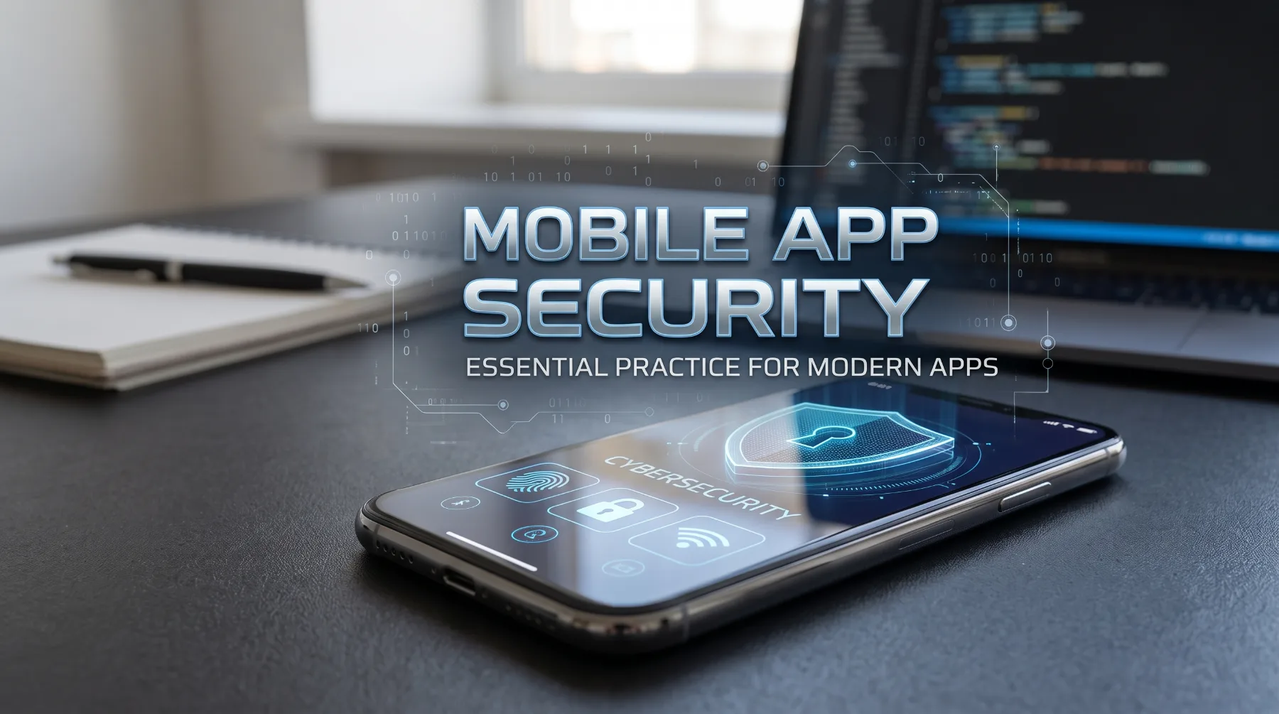 Mobile App Security: Essential Security Practices for Modern Apps interface with cyber shield on smartphone